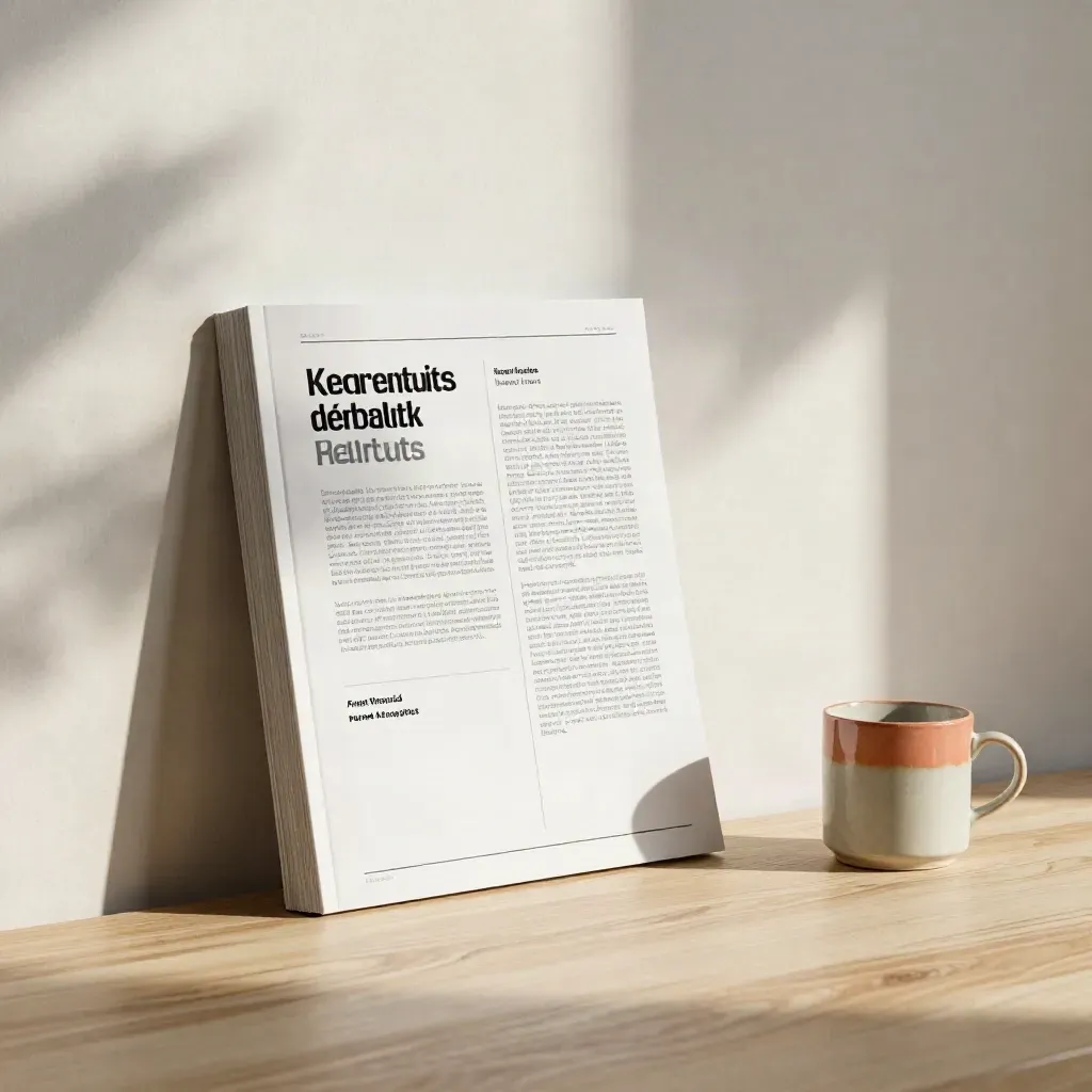 Low-angle sunlit landing-page mockup board, rolled paper, mug and plant shadow in a warm studio.