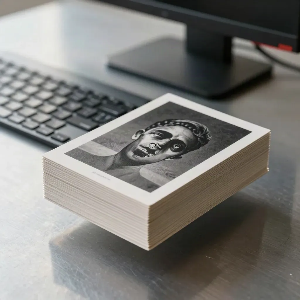 Fanned ad concept cards beside a keyboard and turned-off monitor on brushed metal.