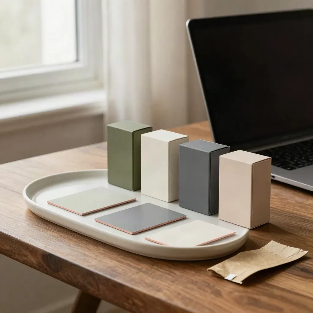 Sample boxes and product cards slide into order beside an angled laptop on a sunlit worktable.