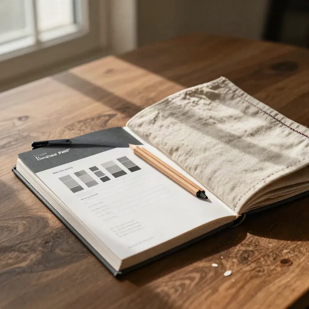 Overhead flat lay of a brand guideline booklet, type tester card, pencil stubs and swatch cloth in warm window light.