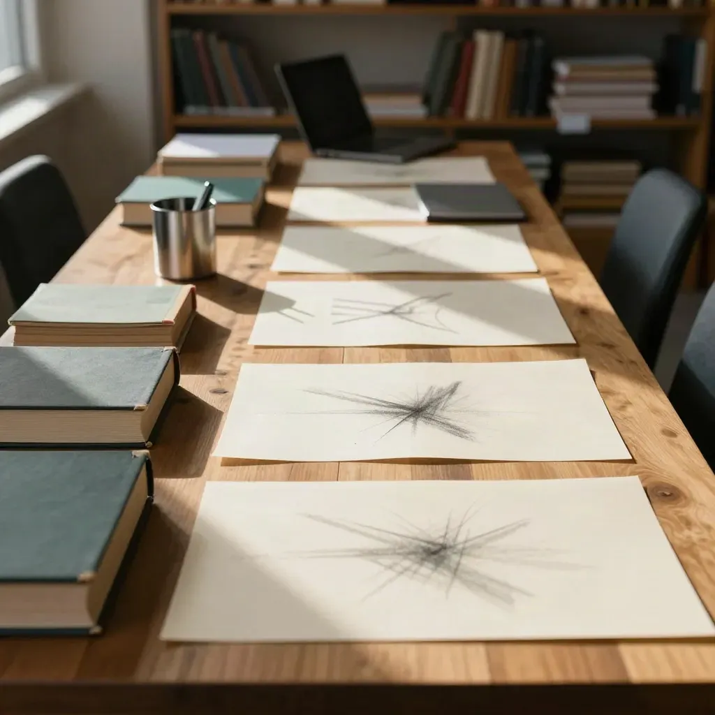 Editorial copywriting workspace with books, laptop glow, and draft papers in warm afternoon light.