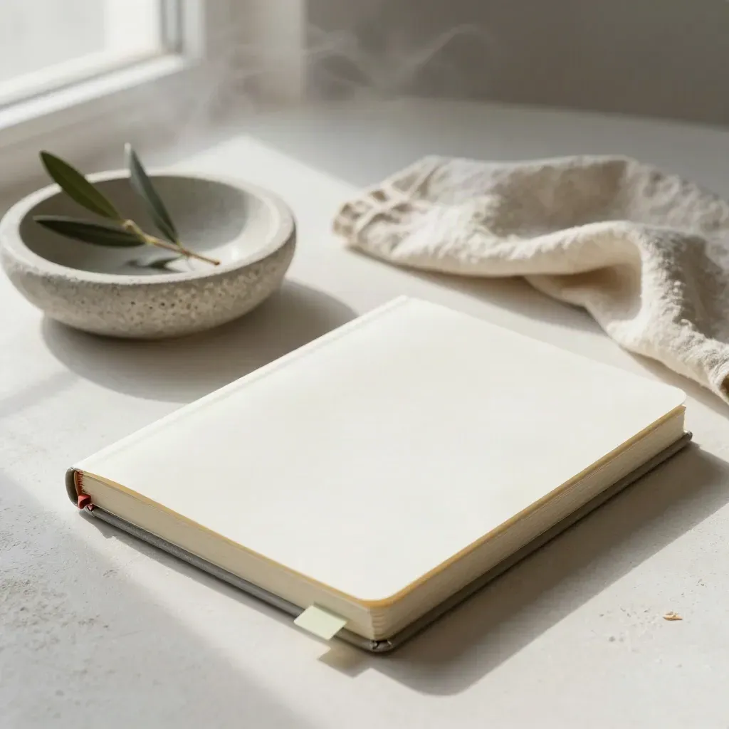 Tabbed research notebook beside a stone bowl and linen on a pale plaster surface.
