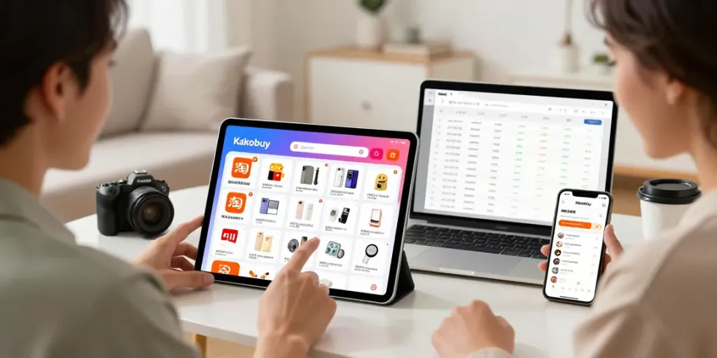 Engaged shopper exploring the kakobuy spreadsheet 2026 on a tablet, discovering colorful products and deals.